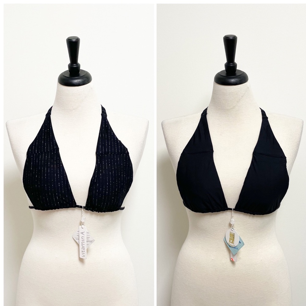 Vitamin A Black Silver Stripe Reversible Triangle Halter Bikini Top NWT Medium 8